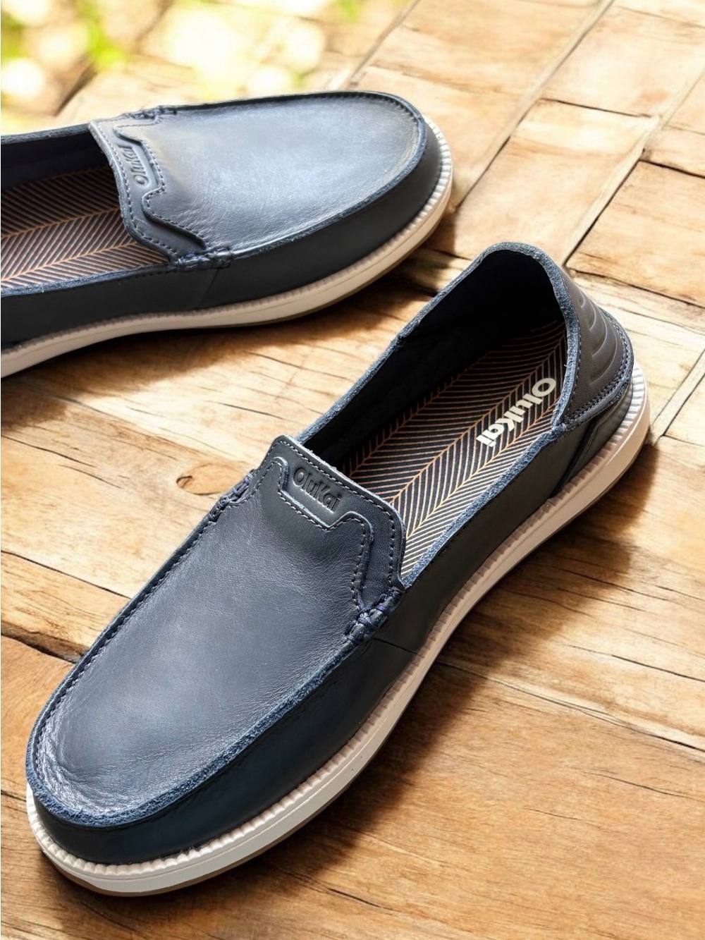 OluKai Kākaha Nia Men’s Navy Blue Leather Slip-On Shoes - Picture 3 of 16